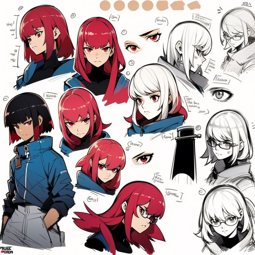 cute girl、Emoticon pack、9 emojis、emoji sheet、Multiple poses and expressions、anthropomorphic style、Black strokes、different emotionultiple Poses and Expression、anime girl with red hair and glasses wearing a red dress、artwork in the style of guweiz