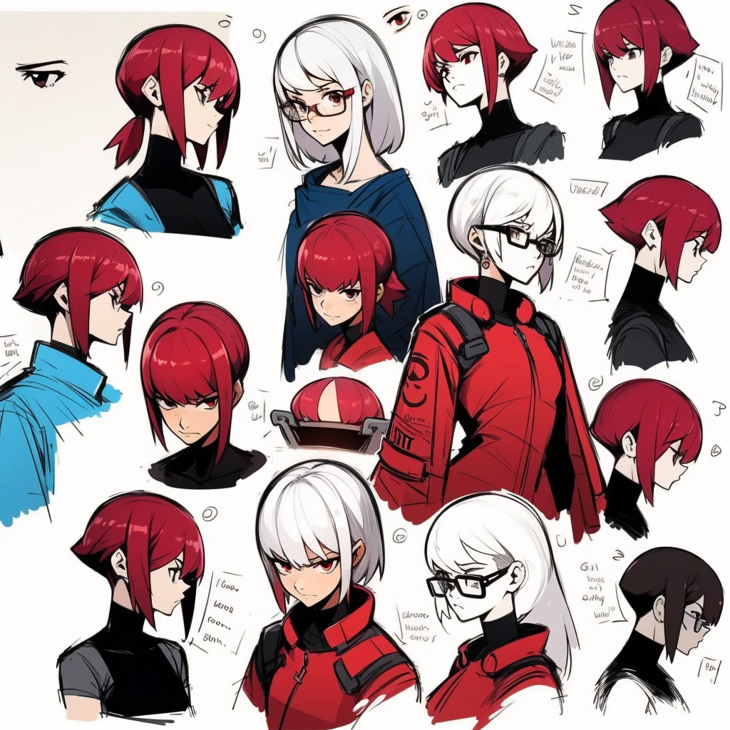 cute girl、Emoticon pack、9 emojis、emoji sheet、Multiple poses and expressions、anthropomorphic style、Black strokes、different emotionultiple Poses and Expression、anime girl with red hair and glasses wearing a red dress、artwork in the style of guweiz