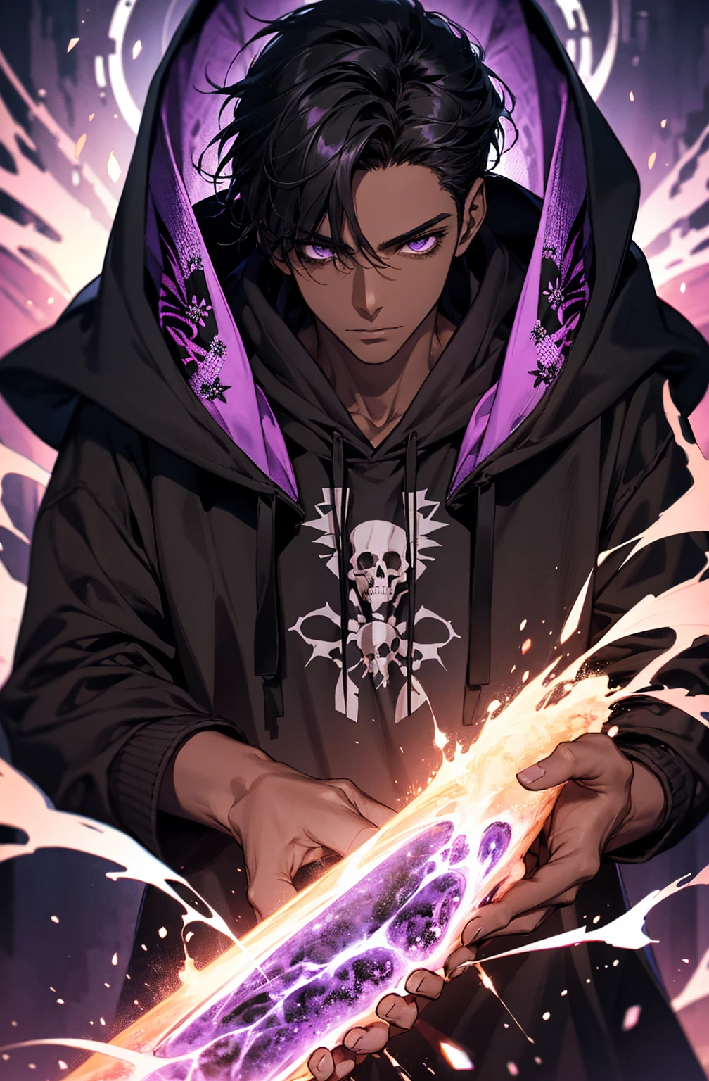 male with bones, looking away from camera, skulls, bones, handsome, black, dark skin, tall, broad shoulders, black hair, purple, purple fire, magic, detailed face, fantasy, hoodie