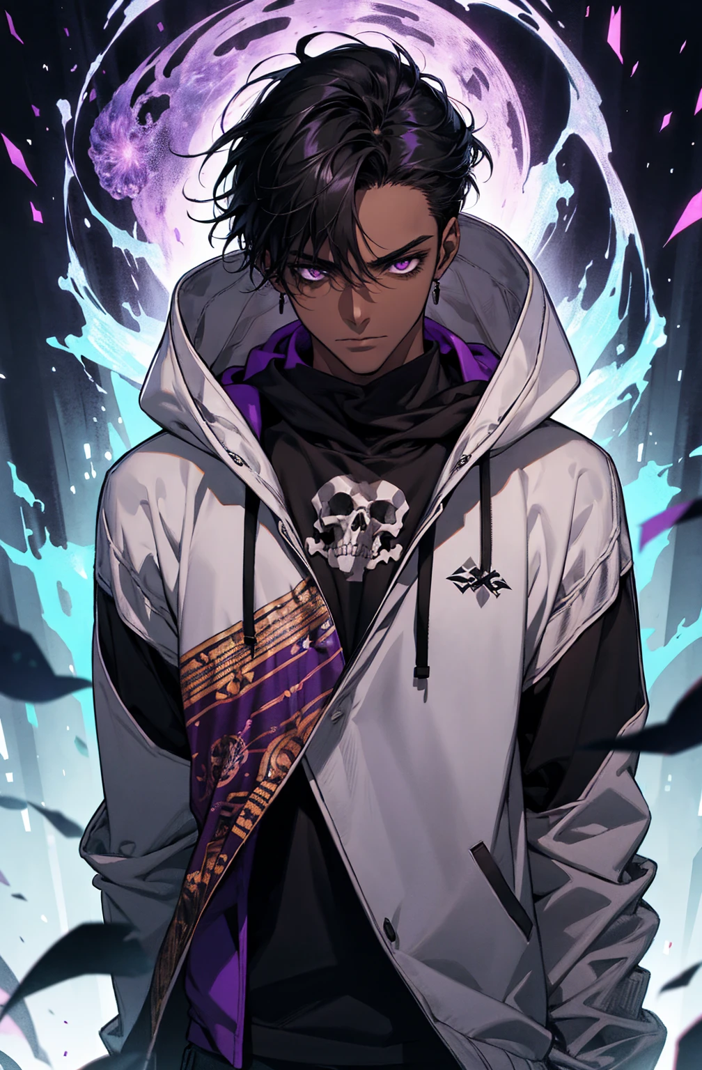 male with bones, looking away from camera, skulls, bones, handsome, black, dark skin, tall, broad shoulders, black hair, purple, purple fire, magic, detailed face, fantasy, hoodie