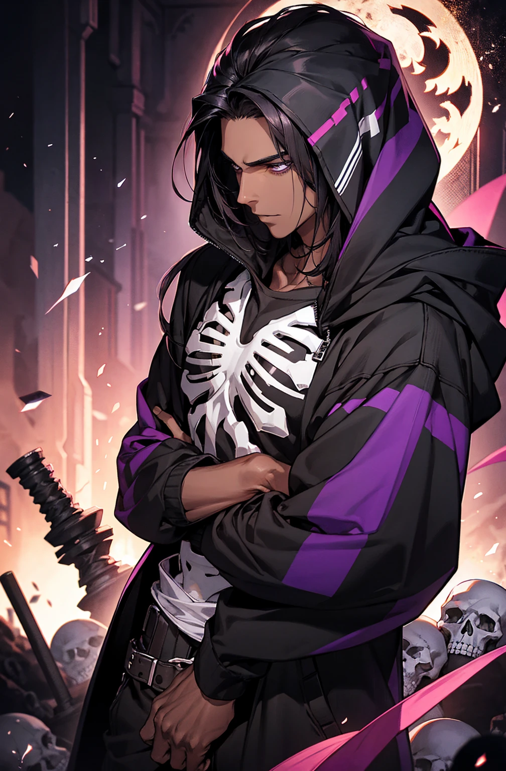 male with bones, looking away from camera, skulls, bones, handsome, black, dark skin, tall, broad shoulders, black hair, purple, purple fire, magic, detailed face, fantasy, hoodie