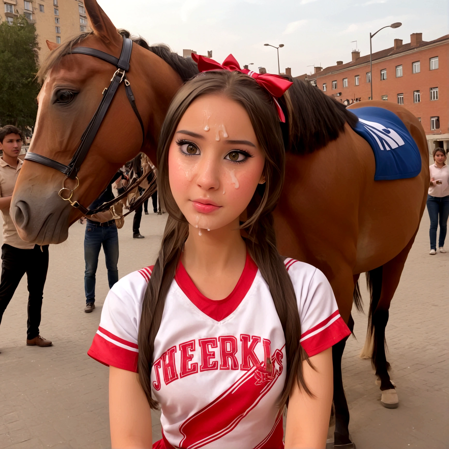 draw a little pre-primary school girl dressed as a cheerleader, cum on face, she is in a public square next to a big horse holding the horse&#39;s penis and jerking off to the horse