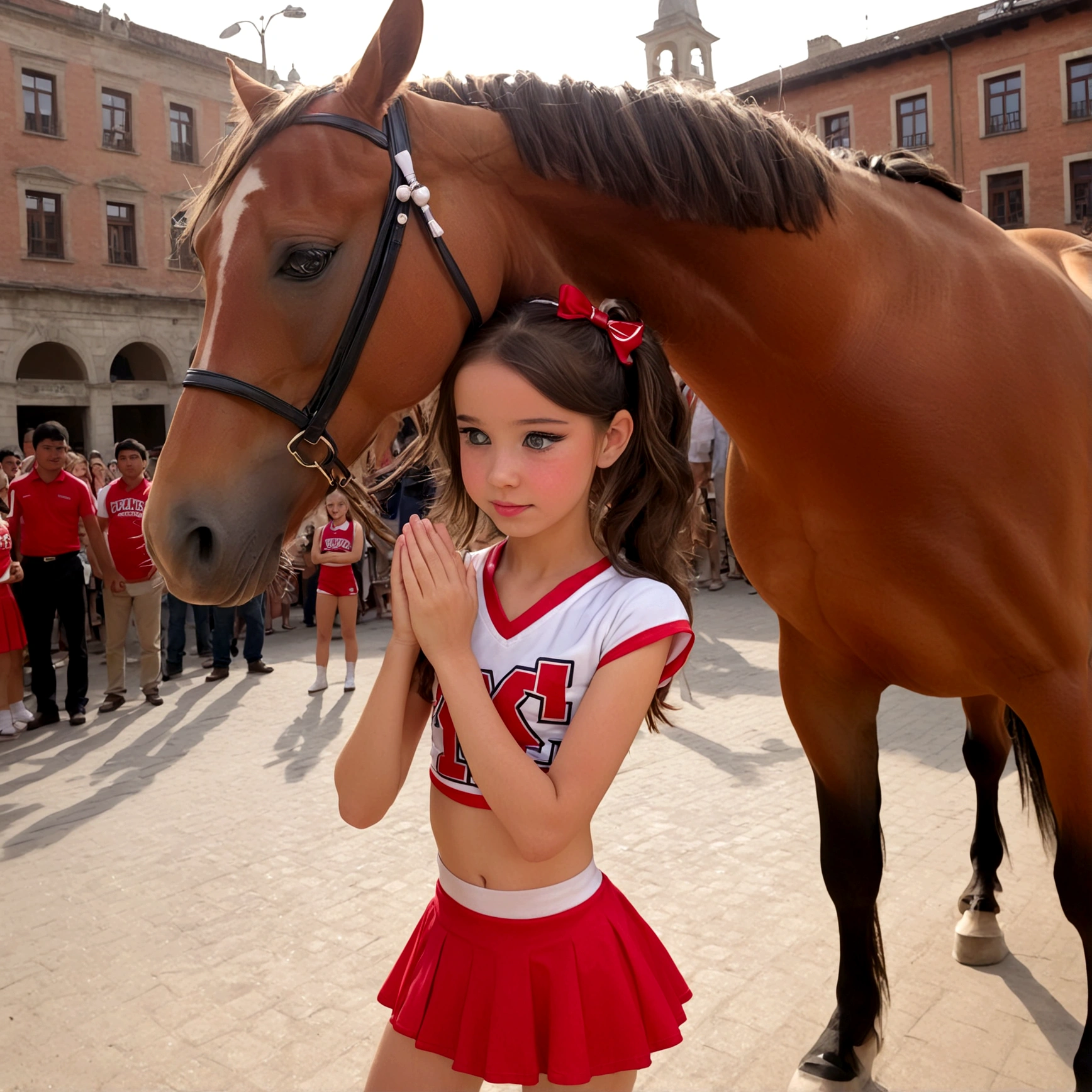 draw a little pre-primary school girl dressed as a cheerleader, cum on face, she is in a public square next to a big horse holding the horse&#39;s penis and jerking off to the horse