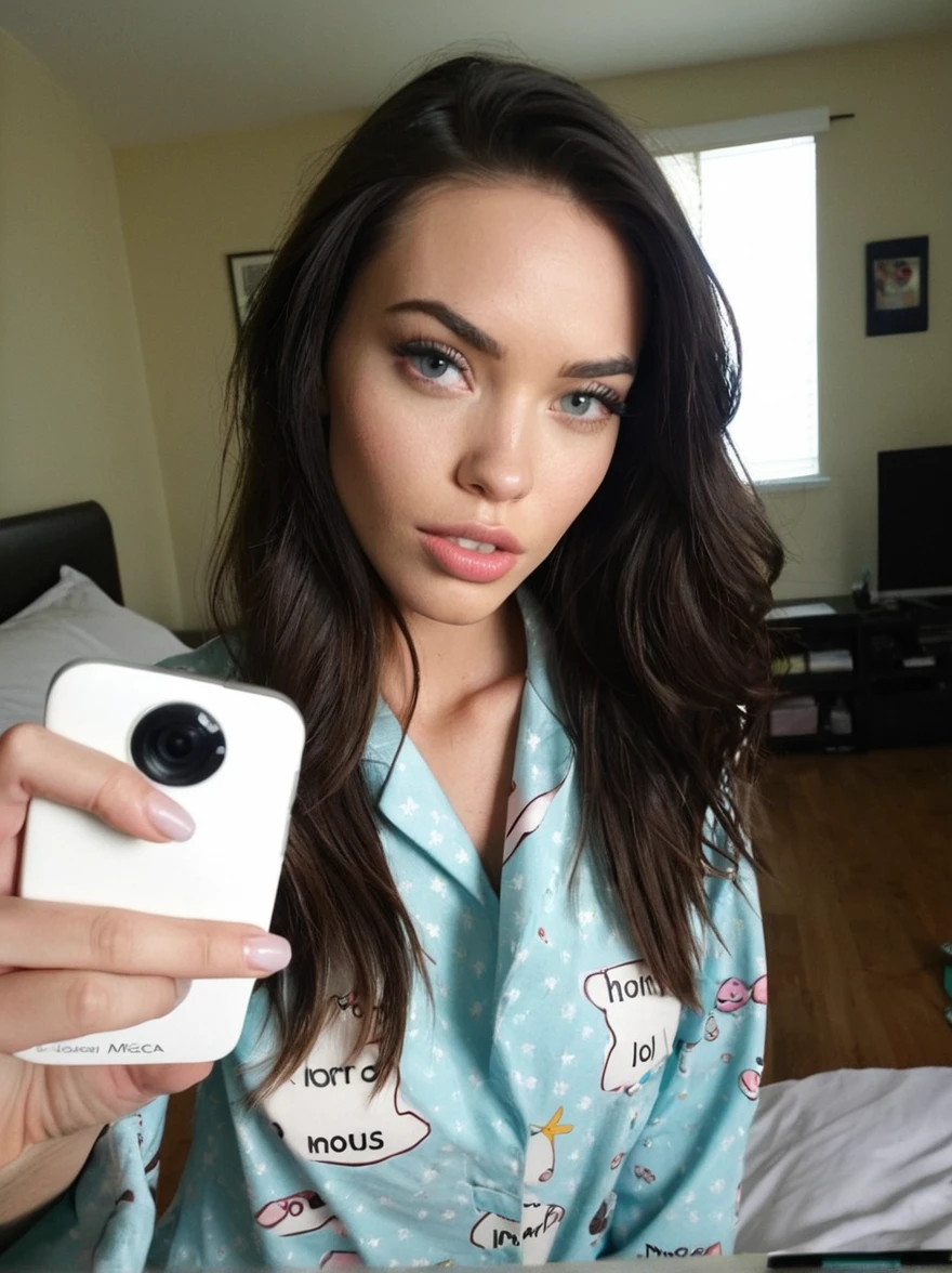 a realistic selfie miror instagram photo of a [ really beautiful exotic androgynous supermodel 19 year old woman] , with [long, dark hair] , looks like [Megan FOX] and [Adriana Lima], light makeup, looking [innocent, cute, flushed] , morning, pyjama bedroom, showing paper writing "Carlos Mendonca" [light] skin --ar 9:16 --stylize 750 --v 6