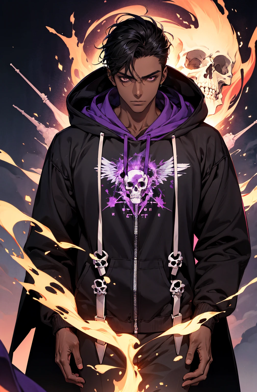 male with bones, looking away from camera, skulls, bones, handsome, black, dark skin, tall, broad shoulders, black hair, purple, purple fire, magic, detailed face, fantasy, hoodie