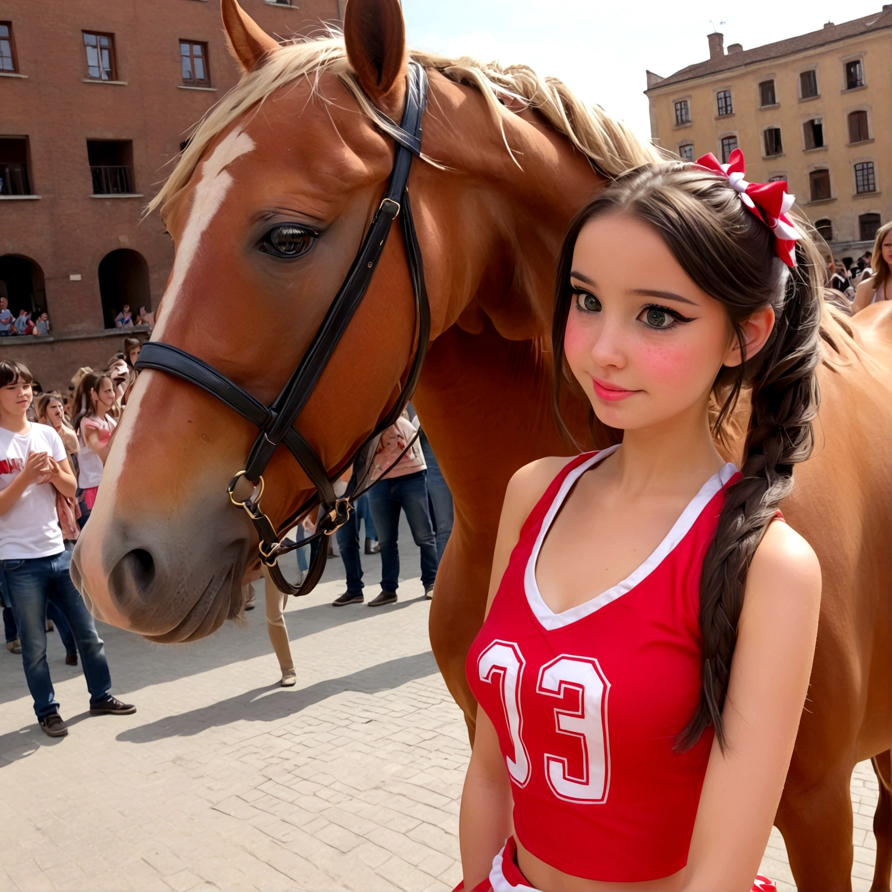 draw a -primary scs a cheerleader, cum on face, she is in a public square next to a big horse holding the horse&#39;s penis and jerking off to the horse