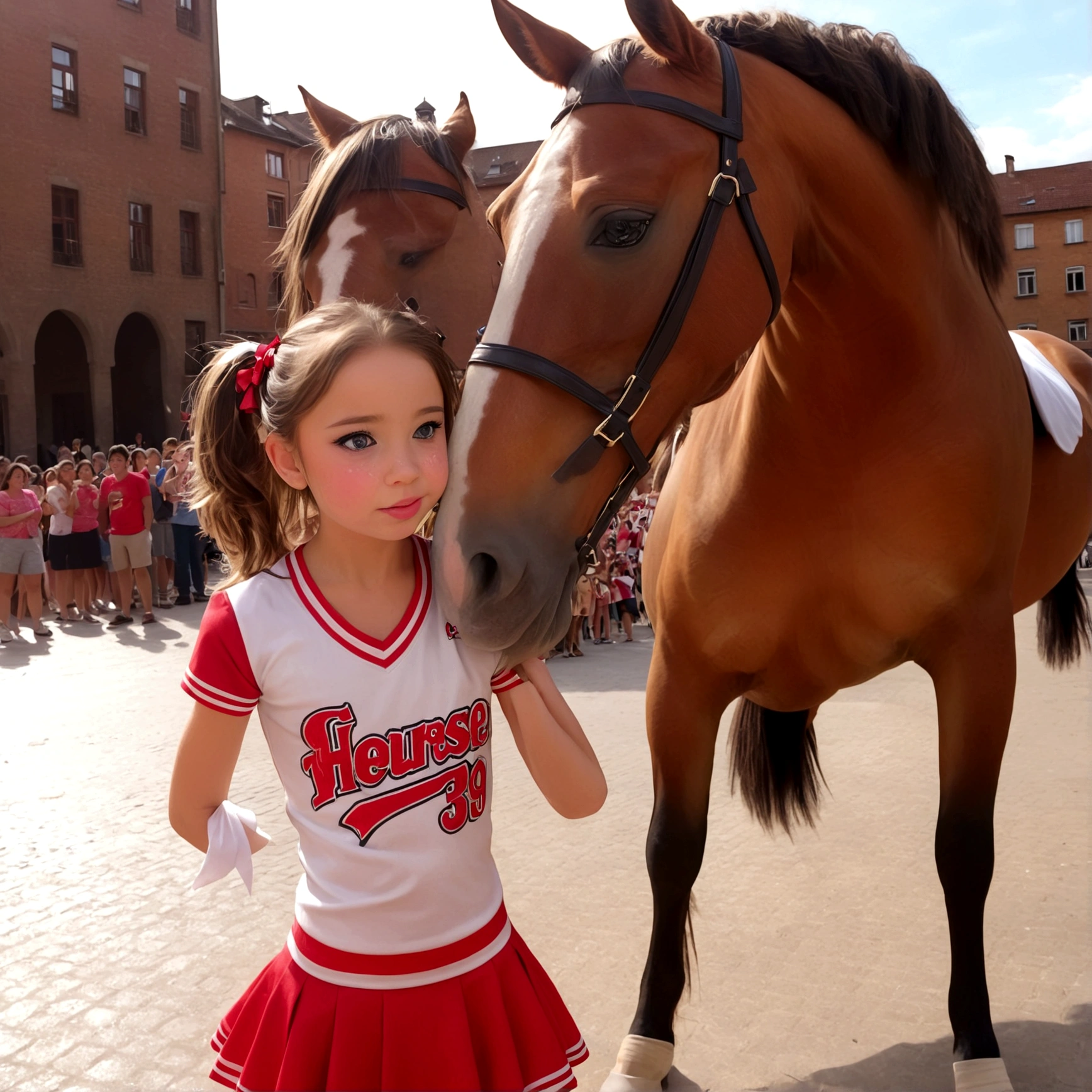 draw a little pre-primary school girl dressed as a cheerleader, cum on face, she is in a public square next to a big horse holding the horse&#39;s penis and jerking off to the horse