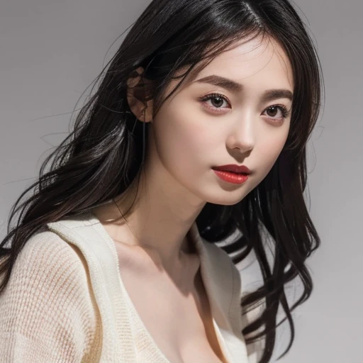 (lifelike,high resolution:1.3), A slim girl, The face shape and eyes are super delicate,black hair,red glossy lips,(beautiful face), (best quality), (Super detailed), (Extremely detailed CG unified 8k wallpaper),((Gray skinny jumper)),(White background),(A little cleavage),(Model photo),sexy look,big eyes,(standing),(short skirt),Eyes look at the audience,soft breasts,very realistic breasts,Straight chest,Character centered,black hair,sexy pose,