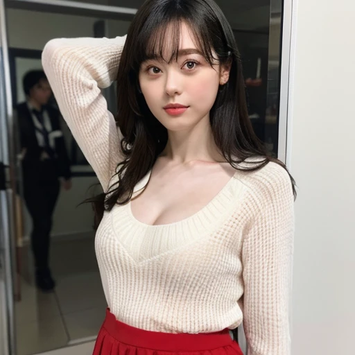 （lifelike,high resolution：1.3）， A slim girl， The face shape and eyes are super delicate,black hair,red glossy lips,(beautiful face), (best quality), (Super detailed), (Extremely detailed CG unified 8k wallpaper),((Gray skinny jumper)),(White background),(A little cleavage),(Model photo),sexy look,big eyes,(standing),(short skirt)，Eyes look at the audience,soft breasts,very realistic breasts,Straight chest,Character centered,black hair,sexy pose,