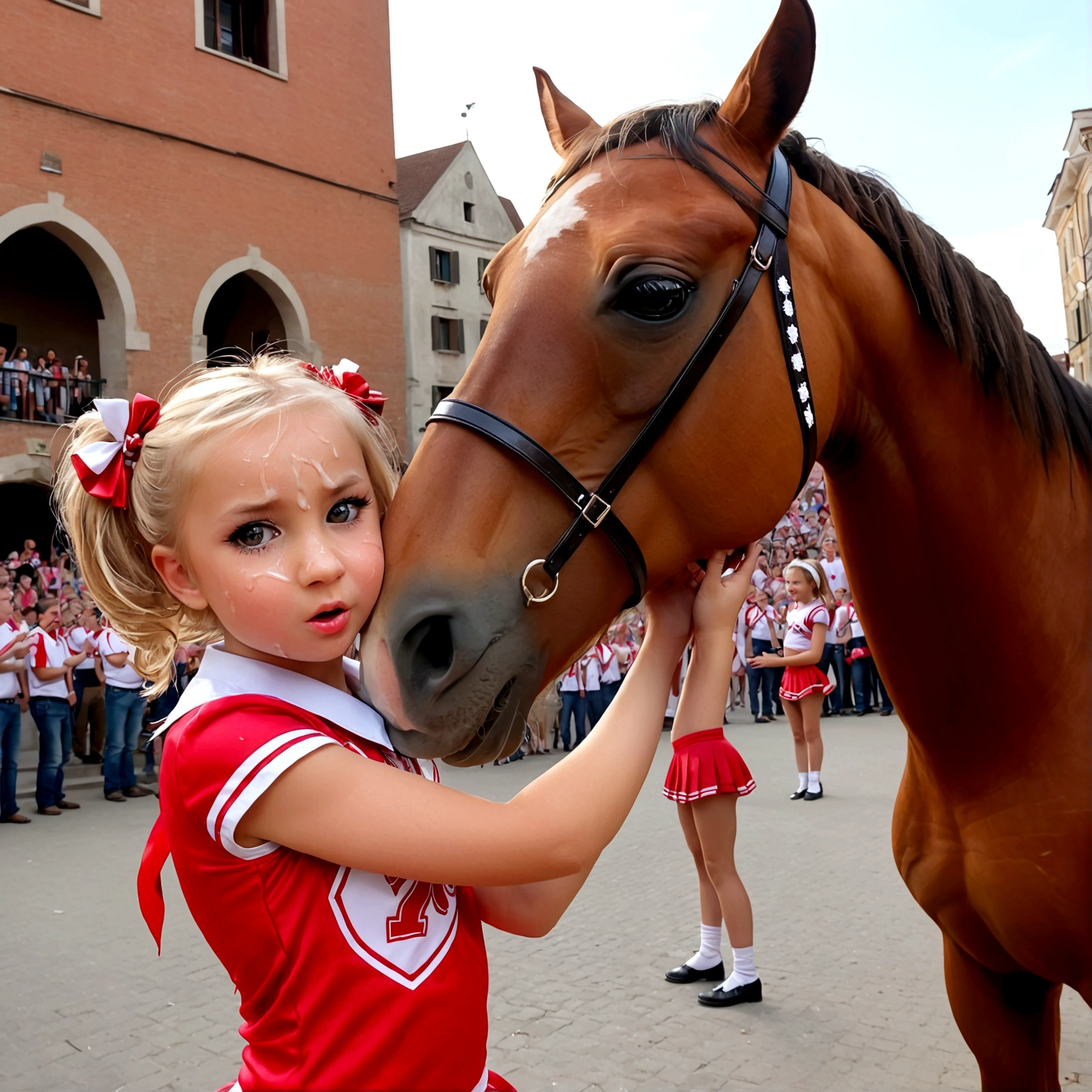 draw a little pre-primary school girl dressed as a cheerleader, cum on face, she is in a public square next to a big horse holding the horse&#39;s penis and jerking off to the horse