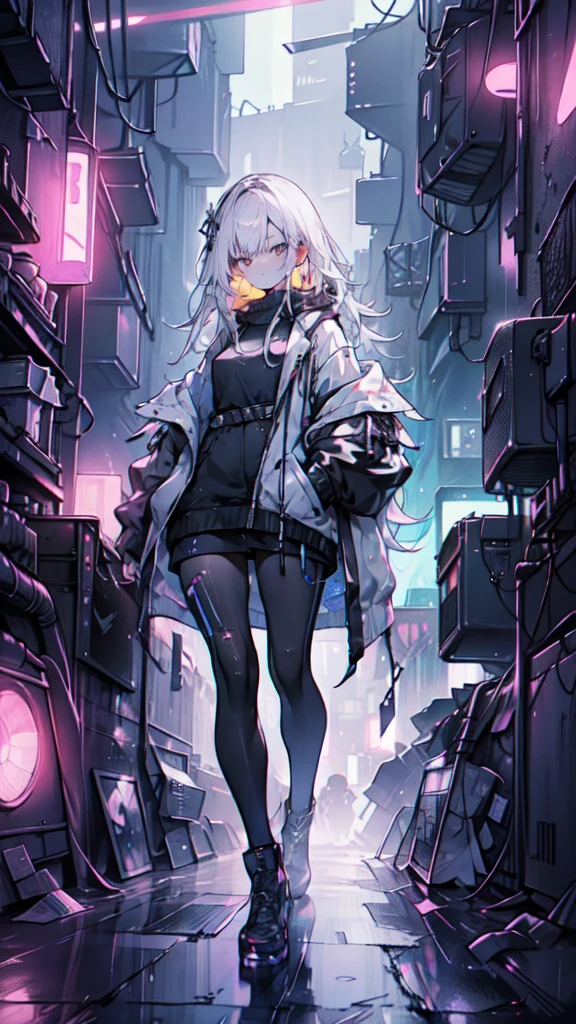 1 girl, long Yellow hair , cyberpunk, blue eyes, high heels, hand in pocket, best quality, 4k, 8k, highres, masterpiece:1.2, ultra-detailed, realistic, photorealistic, photo-realistic:1.37, HDR, UHD, studio lighting, ultra-fine painting, sharp focus, physically-based rendering, extreme detail description, professional, vivid colors, bokeh, cyberpunk, science fiction, neon lights, dark atmosphere, dramatic lighting