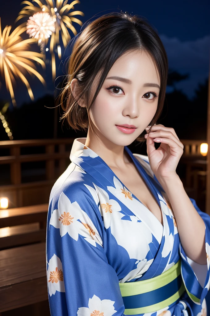(8K、RAW Photosgraphy、Highest quality、masterpiece:1.2)、(Realistic、Photorealistic:1.37)、Ultra-high resolution、One Girl、cute、solo、night、Sitting、date、(Nose redness)、(Laughter:1.1)、(Closed)、huge 、Beautiful Eyes、(short hair:1.2)、(((Fireworks bursting into the sky、night)))、(((kimono、yukata)))、Cleavage、Perfect body、Perfect Fingers、Professional Lighting、Japanese Goddess、gravure、Detailed face and skin texture、Detailed eyes、RAW Photos