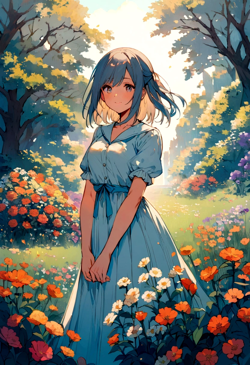 An 18-year-old girl is in a park full of flowers