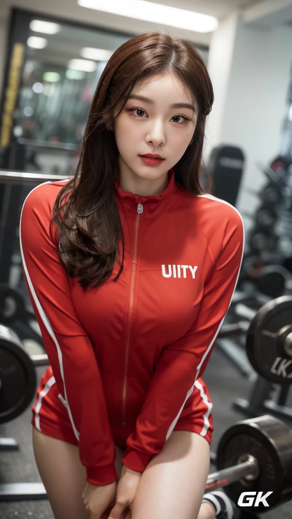 Highly detailed CG Unity 8K wallpapers,top Quority,Super detailed,tmasterpiece,realisticlying,photograph realistic,Very detailed cute girl,25 age old,musculature,Microabs,Round eyes,peeping at the viewer,Be red in the face,parted lip,Half-body shooting,
track suit , gym room,