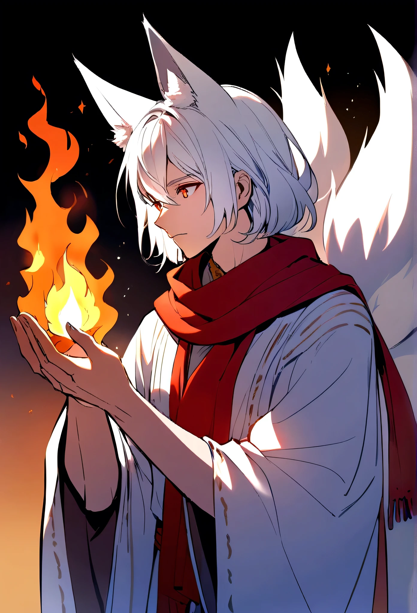Male,kitsune,White hair,red scarf,fire in hand,looking forwards