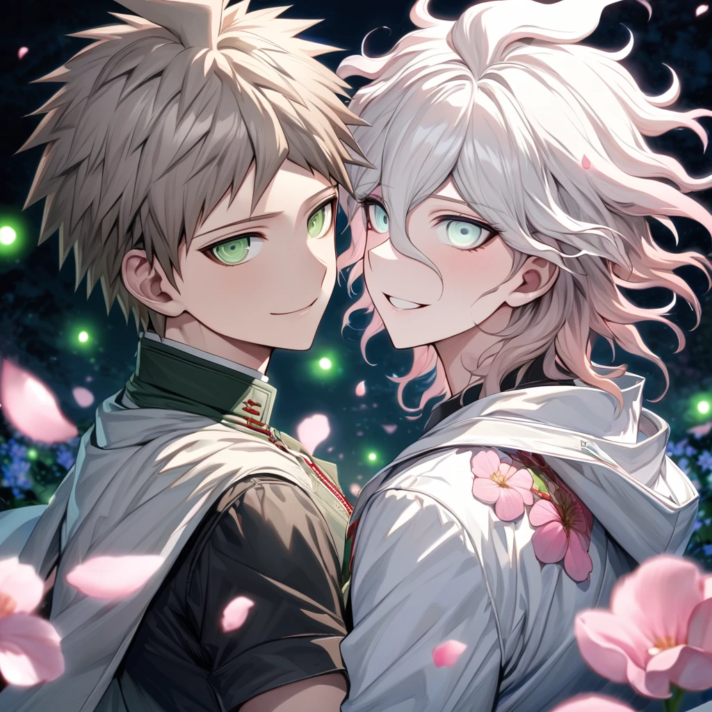 Ultra detailed, Highres, absurdres, HDR, Komaeda Nagito, white hair, expressive light gray-green eyes, Hinata Hajime, light brown hair, expressive green eyes, white coat, black shirt, Danganronpa 2, fantasy, petals, handsome, man together, gay couple, love, very detailed eyes and face, master piece, pink flowers, blossoms, pink petals, magical, water, handsome smile, shining blue fireflies, 