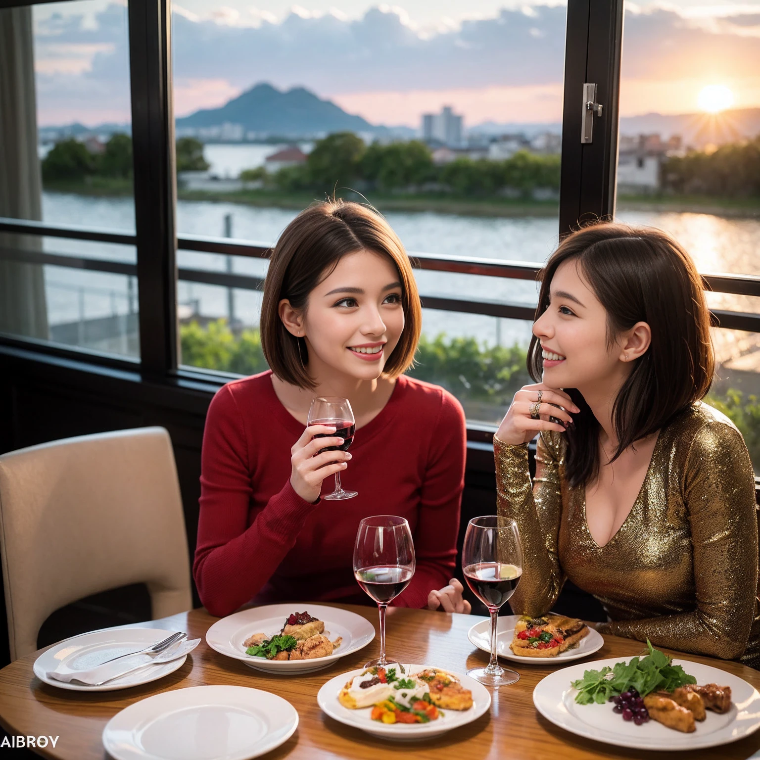 ((Highest quality、8K、masterpiece:1.3))、 (Genuineistic, Genuine、Bright image、Intricate details:1.2), 最高のsmile、1 male 1 female、Beautiful couple、Lovey-dovey lovers、fiancee、Good friends、actress couple、smile、Full-course dinner at a packed table、 (Slim face), (the body is slim), (Brown Hair), (short hair), テーブルのwine glass、Please shine a light on my face、 Amazing view of the sunset sky and clouds、42 years old 39 years old, red wine 、Appetizers、Wine bottle、sparkling wine、Long sleeve shirt、dress、White wine, red wine, wine glass,