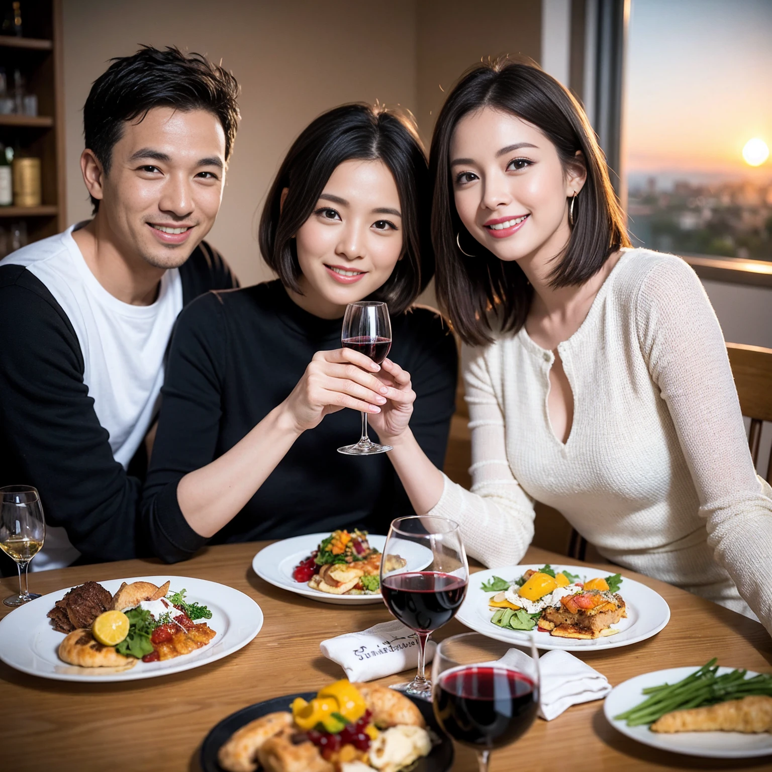 ((Highest quality、8K、masterpiece:1.3))、 (Genuineistic, Genuine、Bright image、Intricate details:1.2), 最高のsmile、1 male 1 female、Beautiful couple、Lovey-dovey lovers、fiancee、Good friends、actress couple、smile、Full-course dinner at a packed table、 (Slim face), (the body is slim), (Brown Hair), (short hair), テーブルのwine glass、Please shine a light on my face、 Amazing view of the sunset sky and clouds、42 years old 39 years old, red wine 、Appetizers、Wine bottle、sparkling wine、Long sleeve shirt、dress、White wine, red wine, wine glass,