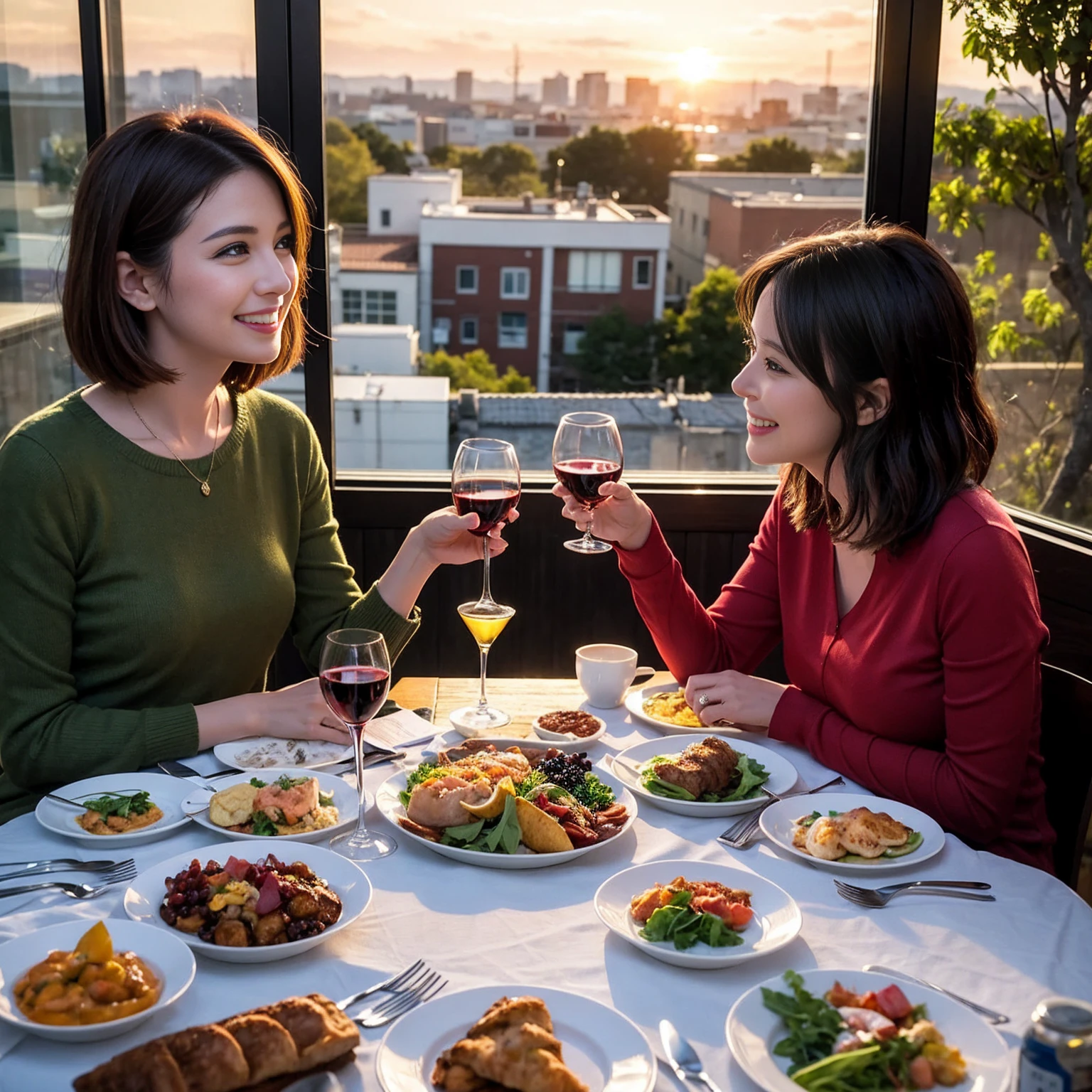 ((Highest quality、8K、masterpiece:1.3))、 (Genuineistic, Genuine、Bright image、Intricate details:1.2), 最高のsmile、1 male 1 female、Beautiful couple、Lovey-dovey lovers、fiancee、Good friends、actress couple、smile、Full-course dinner at a packed table、 (Slim face), (the body is slim), (Brown Hair), (short hair), テーブルのwine glass、Please shine a light on my face、 Amazing view of the sunset sky and clouds、42 years old 39 years old, red wine 、Appetizers、Wine bottle、sparkling wine、Long sleeve shirt、dress、White wine, red wine, wine glass, 