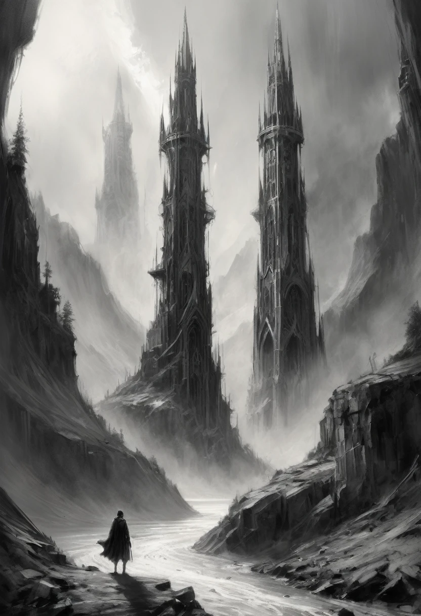 stunning black and white graphite sketch of The Two Towers, panaramic shot, from The Lord Of The Rings trilogy, in dynamic pose, by Anna Razumovskay, (by Alyssa Monks:1.1), by Joseph Lorusso, by Lilia Alvarado, beautiful lighting, sharp focus, 8k, high res, (pores:0.1), (sweaty:0.8), Masterpiece, Nikon Z9, Award - winning photograph, --ar 16:9 --style raw --stylize 750 --niji 6, perfect composition, beautiful detailed intricate insanely detailed octane render trending on artstation, 8 k artistic photography, photorealistic concept art, soft natural volumetric cinematic perfect, wide angle view