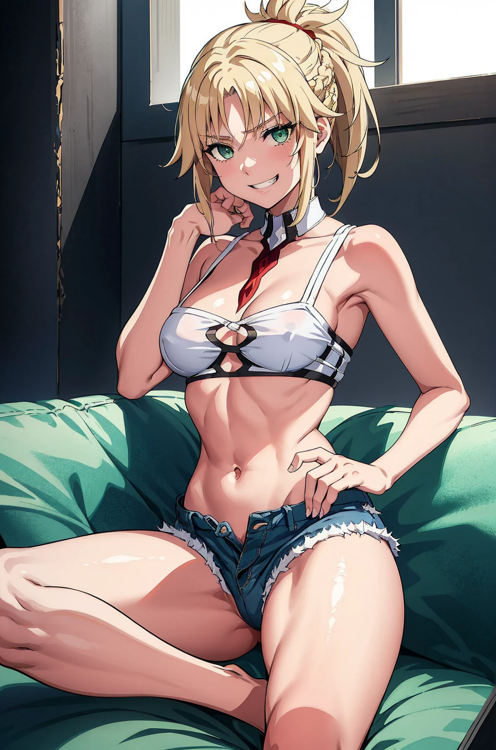 masterpiece, Highest quality, shape, City Street, One Girl, Mordred \(destiny\), Cowboy Shot, clavicle, Detailed blonde hair ponytail braid, Green Eyes, White short blouse, Denim shorts,belly button,Up to the thighs,Grin, Covered_Pussy,skin,Beautiful feet,Beautiful Hands,Please put your feet up,