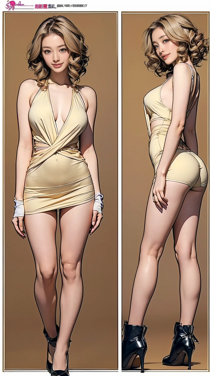 ((masterpiece)),(((Highest quality))),((Character design sheet)),Thin thighs,Long legs,(A very cute 20 year old young woman from Japan..), ((Thin hair that is somewhere ween brown and blonde)), ((Short hair with side waves)),(((Slim and slender figure))),Medium bust size、Small breasts、 (((Please wash your hands))),(curly/Twiir),(((A very kind smile))), (((she'Wearing random colored lacy panties))),(((she'Wearing random color bras))) ((Highest quality, 16km race, flying debris: 1.3)), The light shines on your face, Highly detailed face, Highly detailed lips, Beautiful Eyes,