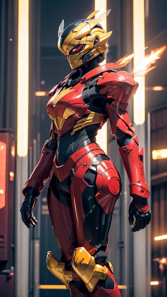 ファンタジー風の全身鎧を身にまとったwoman, Only the eyes were exposed、A fully enclosed helmet designed to resemble a crown, Composite Layered Chest Plate, Fully covered shoulder and hand guards, Lightweight waist armor, Close-fitting shin guards, The overall design is sturdy yet flexible, ((The armor is shiny gold, Accented with red and blue accents)), Gives off a noble aura, She floats above a fantastical, surreal, high-tech city, This character is、It embodies a hero wearing fantasy surreal style armor elaborately crafted in anime style.。, Exquisite and mature cartoon art style, (A mix of queen bee and spider concept armor, plasma, Blood), ((element, energy, elegant, goddess, woman:1.5)), metallic, High resolution, Highest quality, High resolution, Super detailed, Ultra-fine painting, Very delicate, Professional, Anatomically correct, Symmetrical face, Highly detailed eyes and face, High quality eyes, creativity, RAW Photos, 超High resolution, 32k, Natural light, Cinema Lighting, masterpiece-anatomy-perfect, masterpiece:1.5