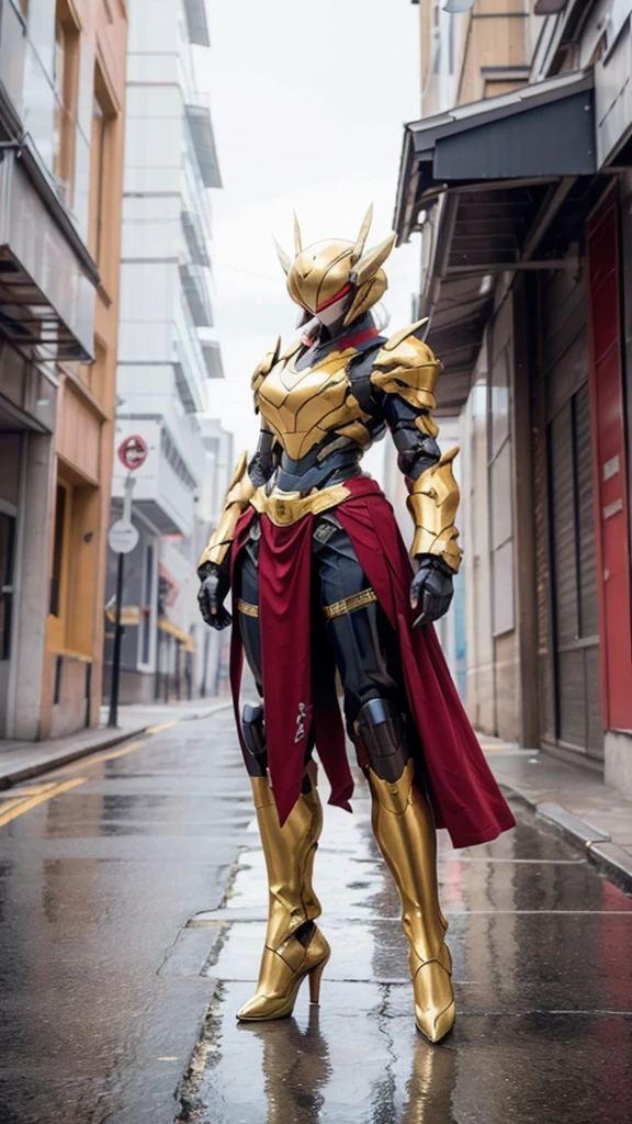 ファンタジー風の全身鎧を身にまとったwoman, Only the eyes were exposed、A fully enclosed helmet designed to resemble a crown, Composite Layered Chest Plate, Fully covered shoulder and hand guards, Lightweight waist armor, Close-fitting shin guards, The overall design is sturdy yet flexible, ((The armor is shiny gold, Accented with red and blue accents)), Gives off a noble aura, She floats above a fantastical, surreal, high-tech city, This character is、It embodies a hero wearing fantasy surreal style armor elaborately crafted in anime style.。, Exquisite and mature cartoon art style, (A mix of queen bee and spider concept armor, plasma, Blood), ((element, energy, elegant, goddess, woman:1.5)), metallic, High resolution, Highest quality, High resolution, Super detailed, Ultra-fine painting, Very delicate, Professional, Anatomically correct, Symmetrical face, Highly detailed eyes and face, High quality eyes, creativity, RAW Photos, 超High resolution, 32k, Natural light, Cinema Lighting, masterpiece-anatomy-perfect, masterpiece:1.5