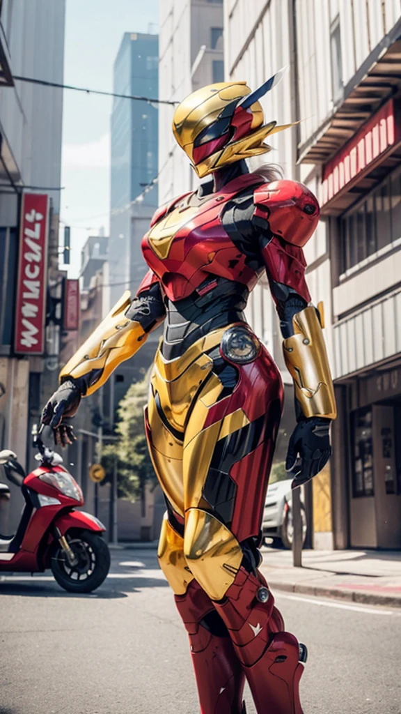 ファンタジー風の全身鎧を身にまとったwoman, Only the eyes were exposed、A fully enclosed helmet designed to resemble a crown, Composite Layered Chest Plate, Fully covered shoulder and hand guards, Lightweight waist armor, Close-fitting shin guards, The overall design is sturdy yet flexible, ((The armor is shiny gold, Accented with red and blue accents)), Gives off a noble aura, She floats above a fantastical, surreal, high-tech city, This character is、It embodies a hero wearing fantasy surreal style armor elaborately crafted in anime style.。, Exquisite and mature cartoon art style, (A mix of queen bee and spider concept armor, plasma, Blood), ((element, energy, elegant, goddess, woman:1.5)), metallic, High resolution, Highest quality, High resolution, Super detailed, Ultra-fine painting, Very delicate, Professional, Anatomically correct, Symmetrical face, Highly detailed eyes and face, High quality eyes, creativity, RAW Photos, 超High resolution, 32k, Natural light, Cinema Lighting, masterpiece-anatomy-perfect, masterpiece:1.5