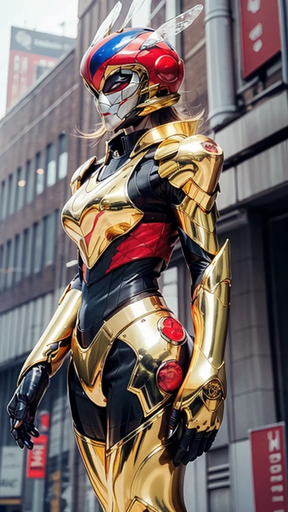 ファンタジー風の全身鎧を身にまとったwoman, Only the eyes were exposed、A fully enclosed helmet designed to resemble a crown, Composite Layered Chest Plate, Fully covered shoulder and hand guards, Lightweight waist armor, Close-fitting shin guards, The overall design is sturdy yet flexible, ((The armor is shiny gold, Accented with red and blue accents)), Gives off a noble aura, She floats above a fantastical, surreal, high-tech city, This character is、It embodies a hero wearing fantasy surreal style armor elaborately crafted in anime style.。, Exquisite and mature cartoon art style, (A mix of queen bee and spider concept armor, plasma, Blood), ((element, energy, elegant, goddess, woman:1.5)), metallic, High resolution, Highest quality, High resolution, Super detailed, Ultra-fine painting, Very delicate, Professional, Anatomically correct, Symmetrical face, Highly detailed eyes and face, High quality eyes, creativity, RAW Photos, 超High resolution, 32k, Natural light, Cinema Lighting, masterpiece-anatomy-perfect, masterpiece:1.5