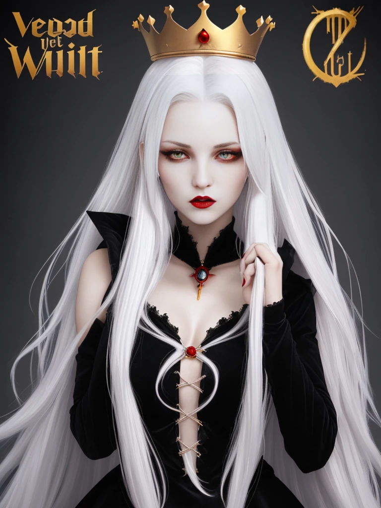 (beautfull woman), (white  hair), (Eyes red), (A vampire), (black velvet dress), (series), (super verbose), (high qualiy), (flat hair), (golden crown), (high qualiy)