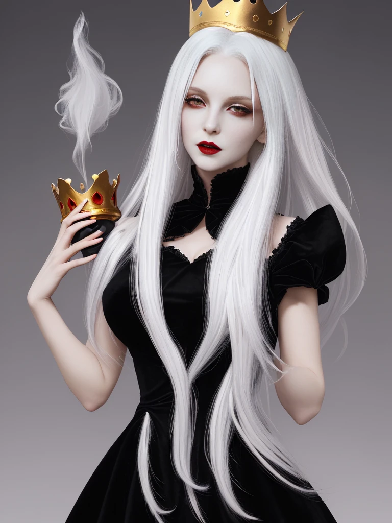 (beautfull woman), (white hair), (Eyes red), (A vampire), (black velvet dress), (series), (super verbose), (high qualiy), (flat hair), (golden crown), (high qualiy)