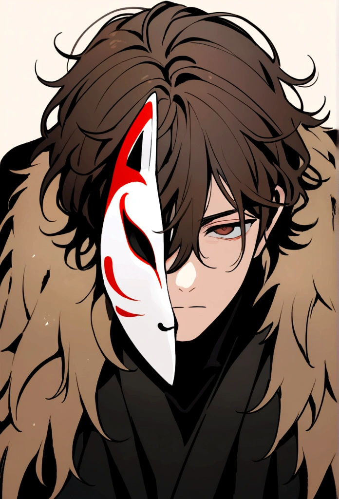 A young man with fair skin, tousled brown hair cascading down to his shoulders. His face features a broken fox mask he wears over his face. His penetrating brown eyes are observant, and he wears a black shirt.