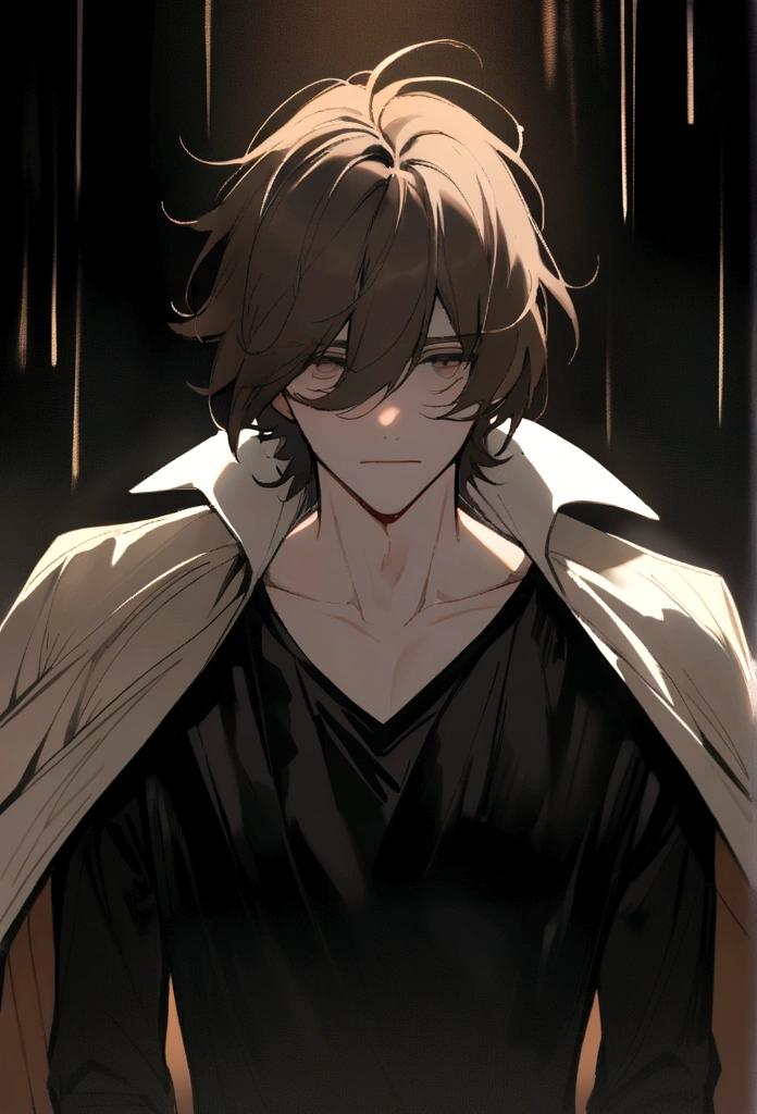 A young man with fair skin, tousled brown hair cascading down to his shoulders. His face features a broken fox mask he wears over his face. His penetrating brown eyes are observant, and he wears a black shirt.