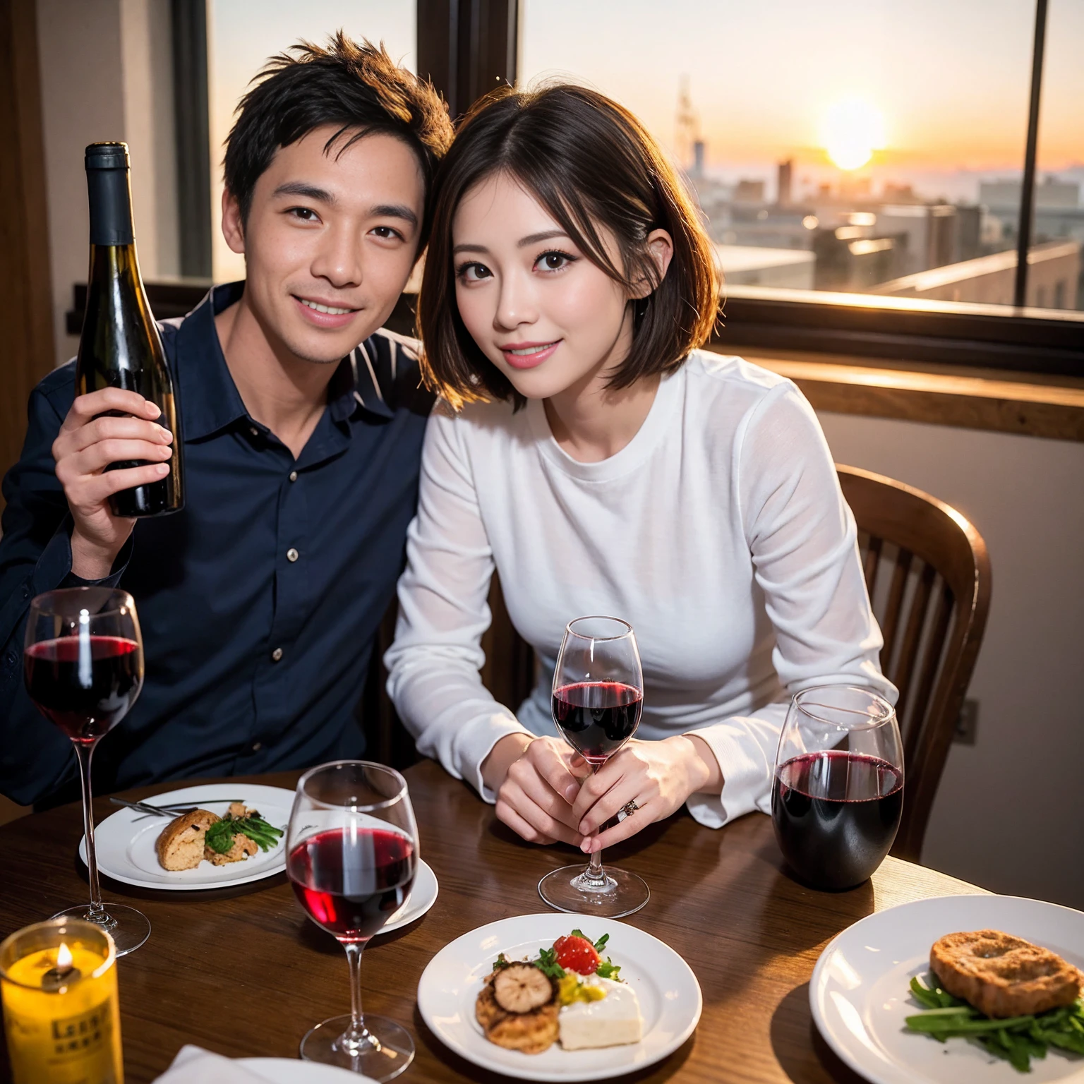 ((Highest quality、8K、masterpiece:1.3))、 (Genuineistic, Genuine、Bright image、Intricate details:1.2), 最高のsmile、1 male、1 female、party、Beautiful couple、Satomi Ishihara-like lover、Good friends、actress couple、smile、Full-course dinner at a packed table、 (Slim face), (the body is slim), (Brown Hair), (short hair), テーブルのwine glass、Please shine a light on my face、 Amazing view of the sunset sky and clouds、36 years old)38 years old, red wine 、Wine bottle、sparkling wine、Long sleeve shirt、Pink Dress、White wine, red wine, wine glass,