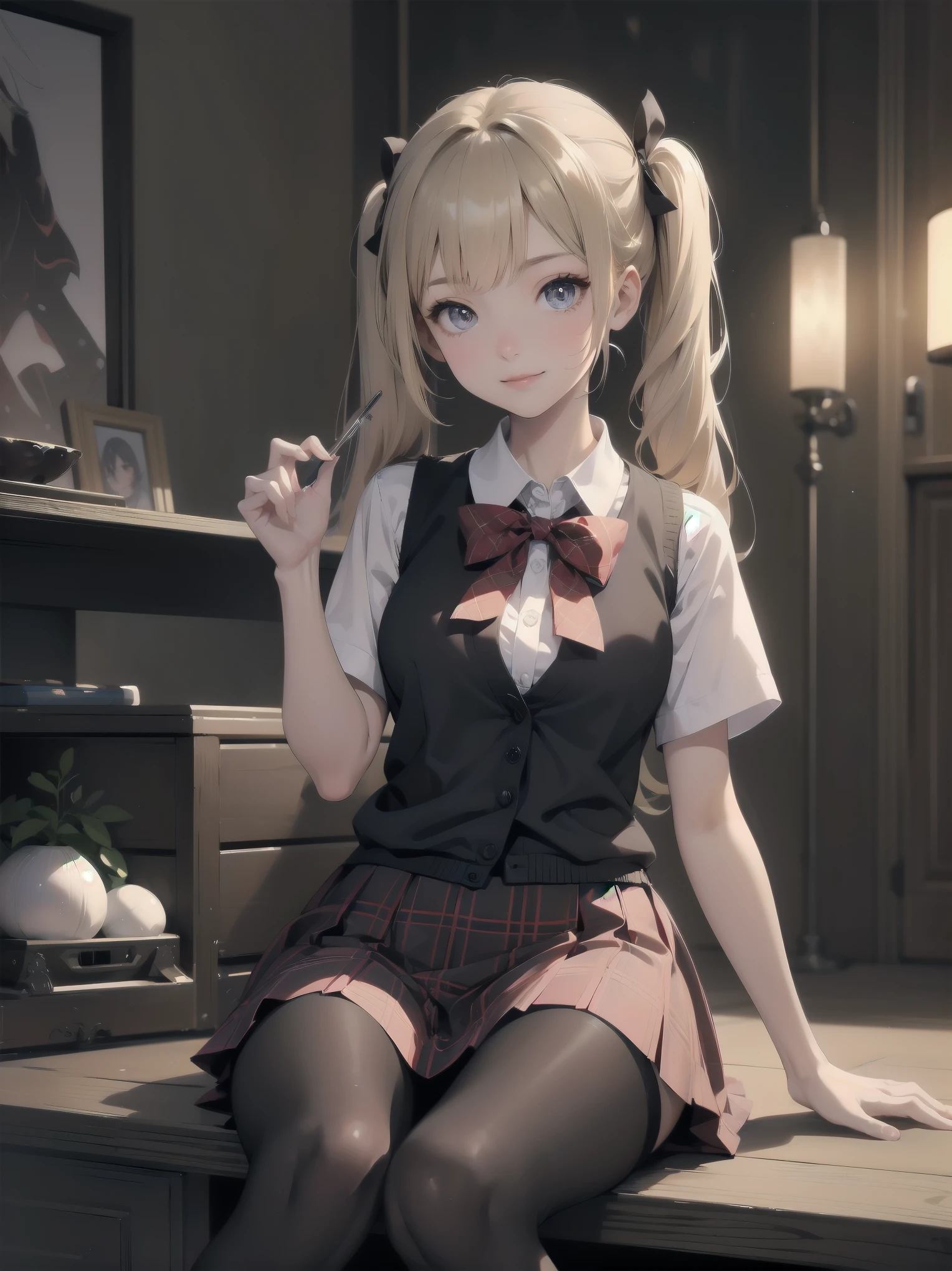 absurdres, absolutely resolution, incredibly absurdres, highres, ultra detailed, official art, unity 8k wallpaper,
BREAK
1 girl, soro, twintails, bow, cardigan vest, short sleeve shirt, plaid skirt, over black legwear, loafers, smile, Sexual girl, seducing men, colourful, bewitching eyes,
