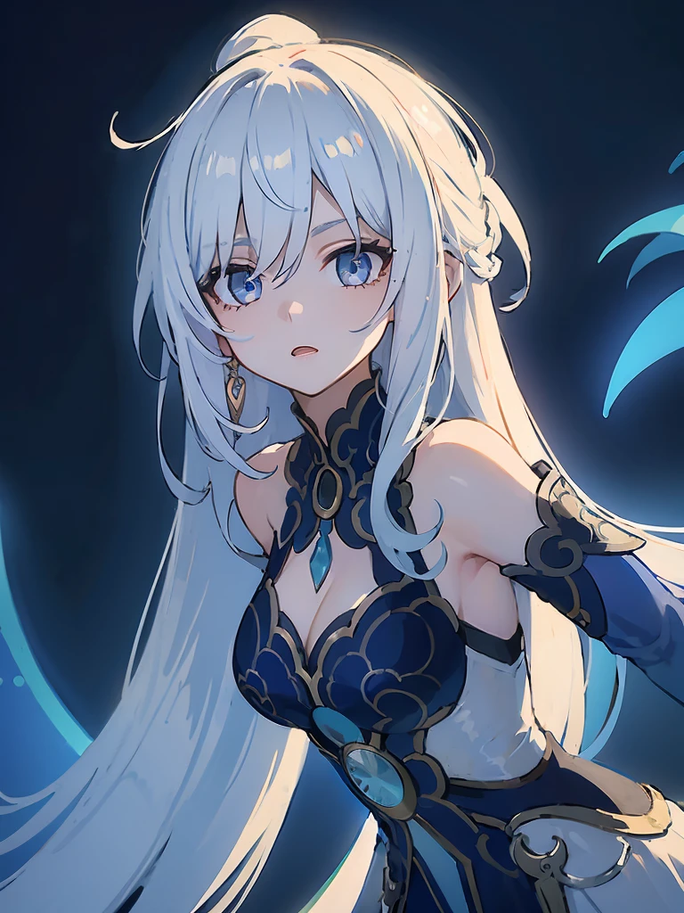 White hair girl, white dress with blue, bright blue eyes