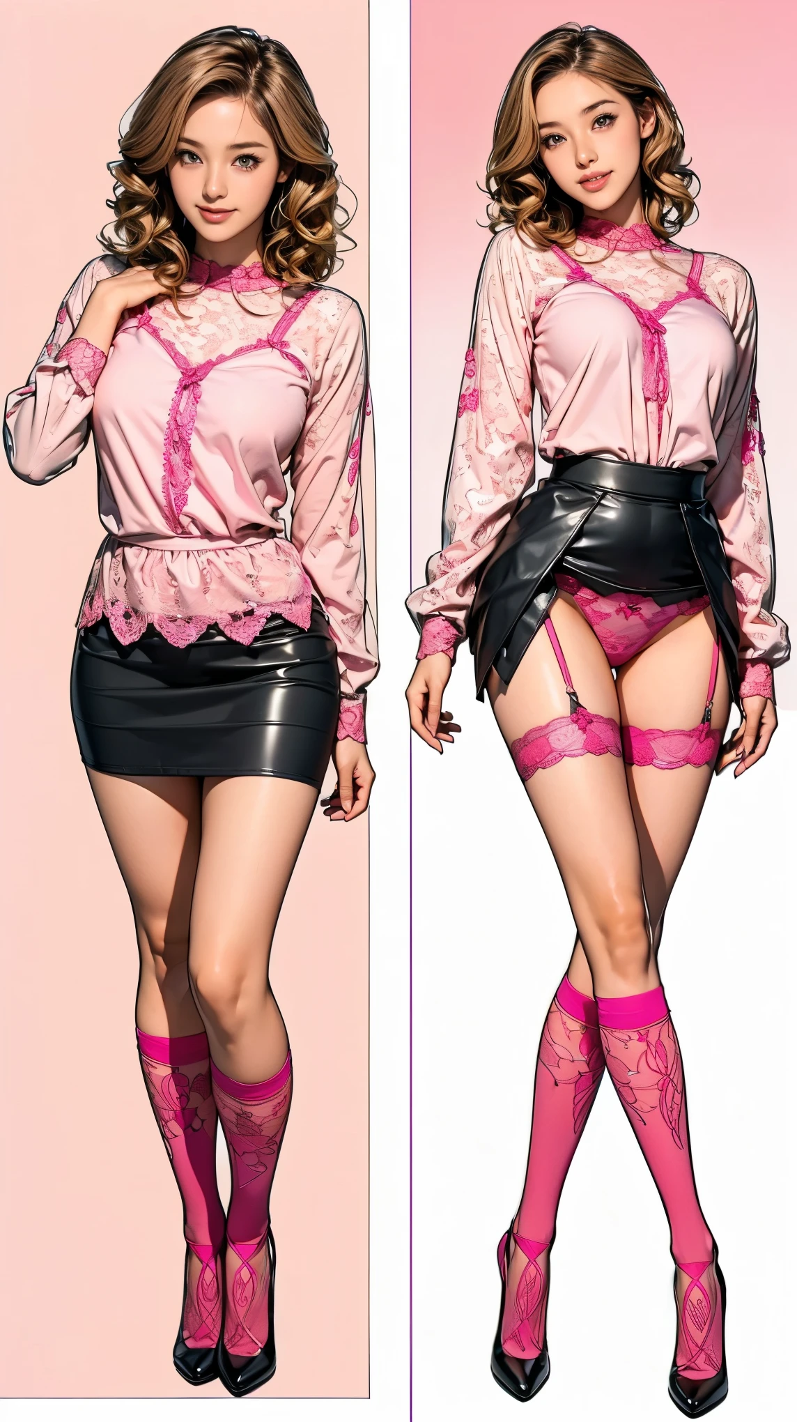 ((masterpiece)),(((Highest quality))),((Character design sheet)),Thin thighs,Long legs,A very cute 20 year old young woman from Japan.., ((Thin hair that is somewhere between brown and blonde)), ((Short hair with side waves)),Medium bust size、Small breasts、 (((Please wash your hands))),(Curly Hair),(((A very kind smile))), (((She wears pink, Red and magenta lace panties))),(((Wearing a black tight skirt, but、it is'turned over in her hands.))),(((He is wearing a black and white striped shirt.。))) Highly detailed lips, Beautiful Eyes, City Street,