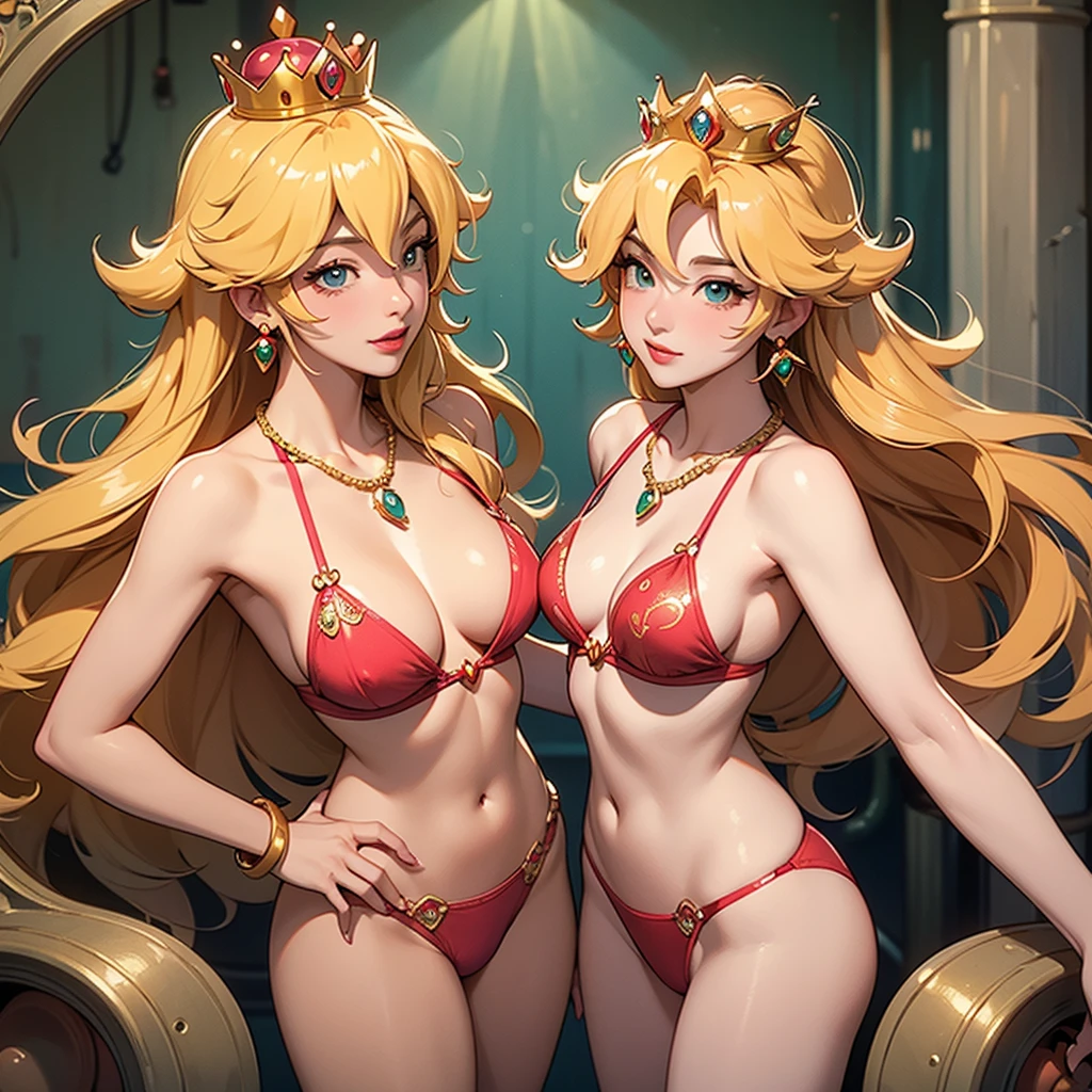 "highly detailed and vibrant illustration of Princess Peach from Super Mario Bros., reimagined with an adult, mature feel. She's supposed to be wearing a small gold crown adorned with intricate designs and a matching gold necklace with a crown-shaped pendant. Princess Peach must be dressed in a small red bikini, green dry sewer pipes.