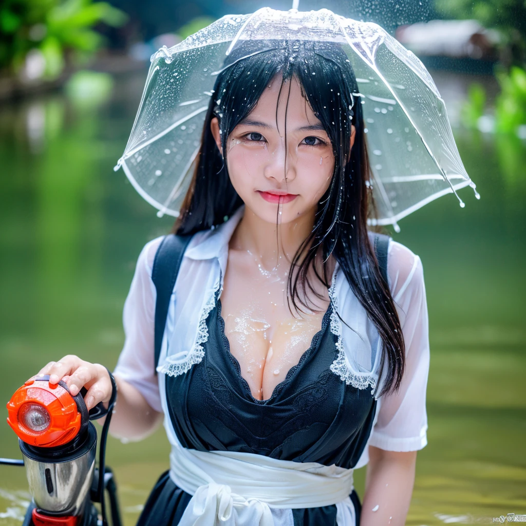 songkran,Wet city road ,drenched, Dripping, Wet Face,Wet clothes, Wet Skin, Wet Hair,A young woman with a cute face like an idol,(((Cleavage))),(Maid clothes),(((The clothes start to melt in the water and the skin becomes visible.))),RAW Photos,Genuine,Genuine,High resolution,RAW Photos,masterpiece, beautiful