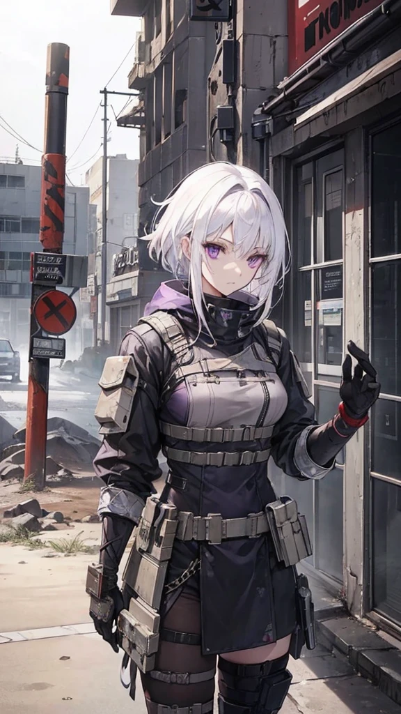 Female, White hair, purple eyes, Old Glove, 160 cm, 18 years, Knife Spear, Wasteland Overall, Turtle's Rusty bracelet, N7 Tactical Helmet2, Riot Shield, Tomboy, wasteland