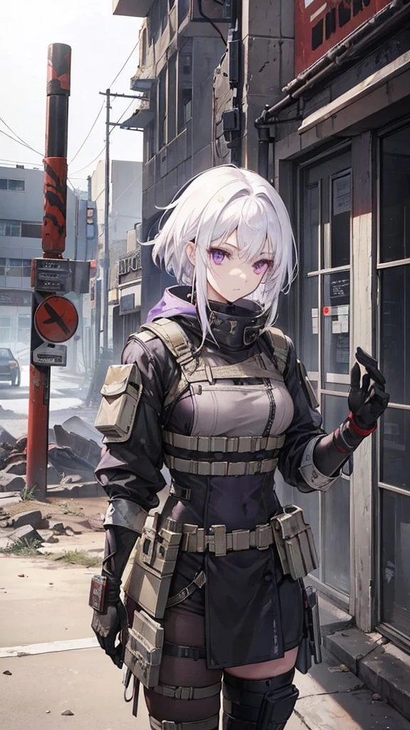 Female, White hair, purple eyes, Old Glove, 160 cm, 18 years, Knife Spear, Wasteland Overall, Turtle's Rusty bracelet, N7 Tactical Helmet2, Riot Shield, Tomboy, wasteland