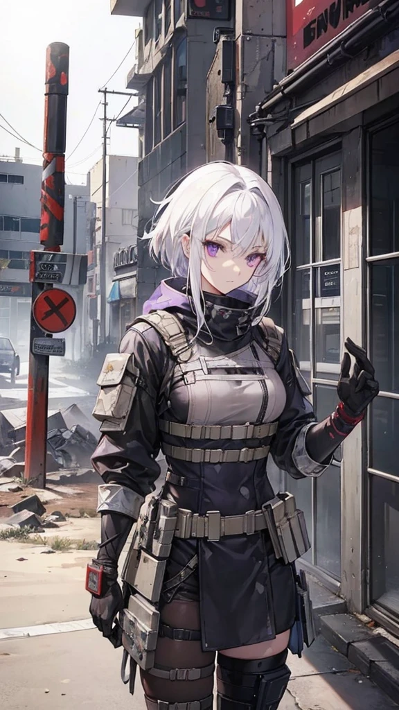 Female, White hair, purple eyes, Old Glove, 160 cm, 18 years, Knife Spear, Wasteland Overall, Turtle's Rusty bracelet, N7 Tactical Helmet2, Riot Shield, Tomboy, wasteland