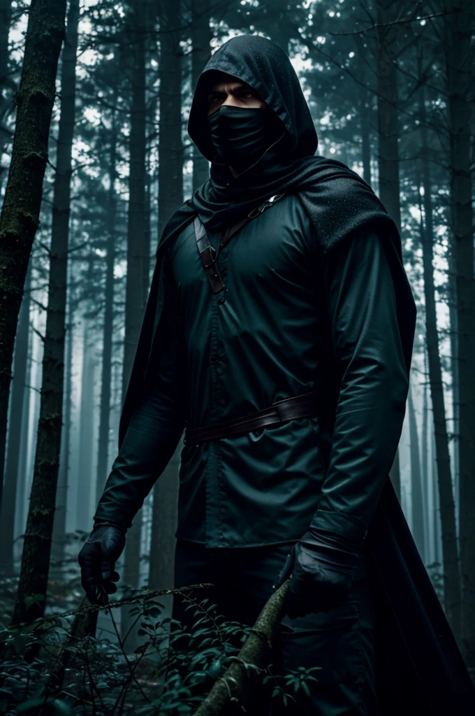 **Setting:** A dense, dark forest under a moonless night.
**Description:**
Alex navigates through the forest, the branches clawing at his skin and clothing. His breath comes in sharp gasps, visible in the cold night air. The moonless night cloaks the forest in near-total darkness, and only the faintest glimmers of starlight break through the canopy. Alex stumbles, catching himself on a tree, his face a mask of grim determination. His eyes reflect a fierce resolve to push forward, despite the overwhelming darkness surrounding him.