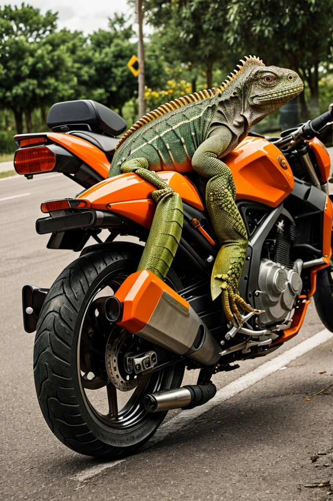 A loving iguana on an orange motorcycle