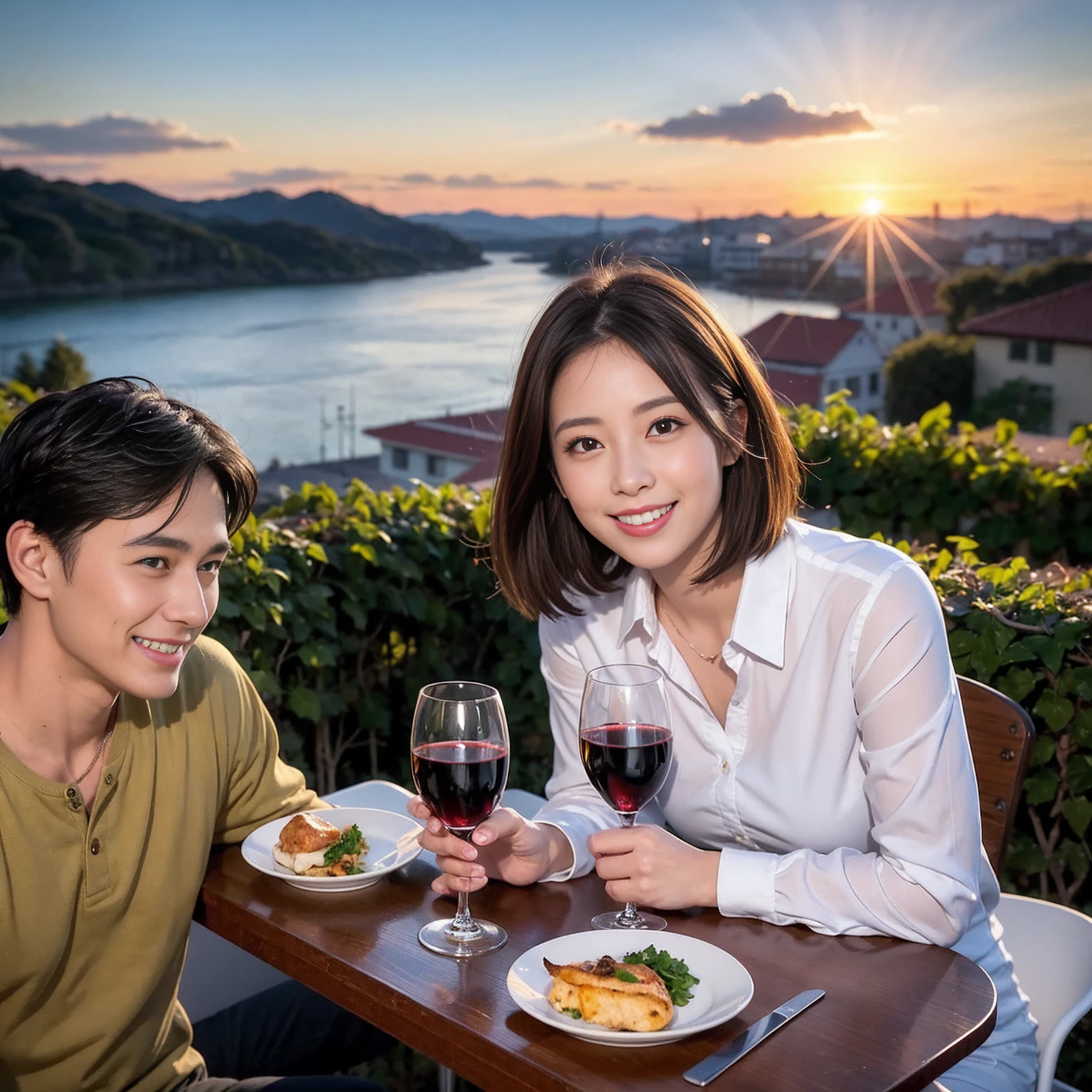 ((Highest quality、8K、masterpiece:1.3))、 (Genuineistic, Genuine、Bright image、Intricate details:1.2), 最高のsmile、1 male 1 female、Slim Body、Beautiful couple、Satomi Ishihara-like lover、Good friends、actress couple、smile、A full-course dinner with a full table、 (Slim face), (the body is slim), (Brown Hair), (short hair), テーブルのwine glass、Please shine a light on my face、 Amazing view of the sunset sky and clouds、36 years old)38 years old, red wine 、Wine bottle、sparkling wine、Long sleeve shirt、Pink Dress、White wine, red wine, wine glass,