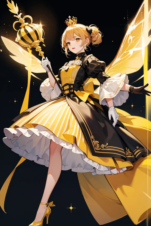 Rumor is a very large queen bee. She has red lipstick, a round yellow nose and a yellow and peach colored muzzle.

Her primary outfit consists of a black and yellow striped bell-shaped dress with a white trim at the end of it, a black ribbon belt around the waist, and long, black sleeves with yellow cuffs. She also wears a pair of generic white gloves, and despite her full body not being shown in-game (even in the good ending) she has yellow legs and wears a pair of black high heeled shoes.

Being the queen, she wears a bronze crown and wields a large bronze honey dipper that acts as both a scepter and a magic wand. Despite her size, her wings are quite small but still able to hold her body at the top of the screen in the first phase.  SPARKLE; GLITTER