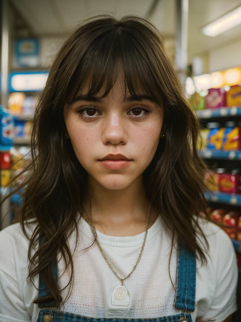 Close-up portrait photo of a young brunette woman taken at a convenience store during the night, low quality image, exhibiting a grainy texture, jpg artifacts, film grain, gritty, raw aesthetic
