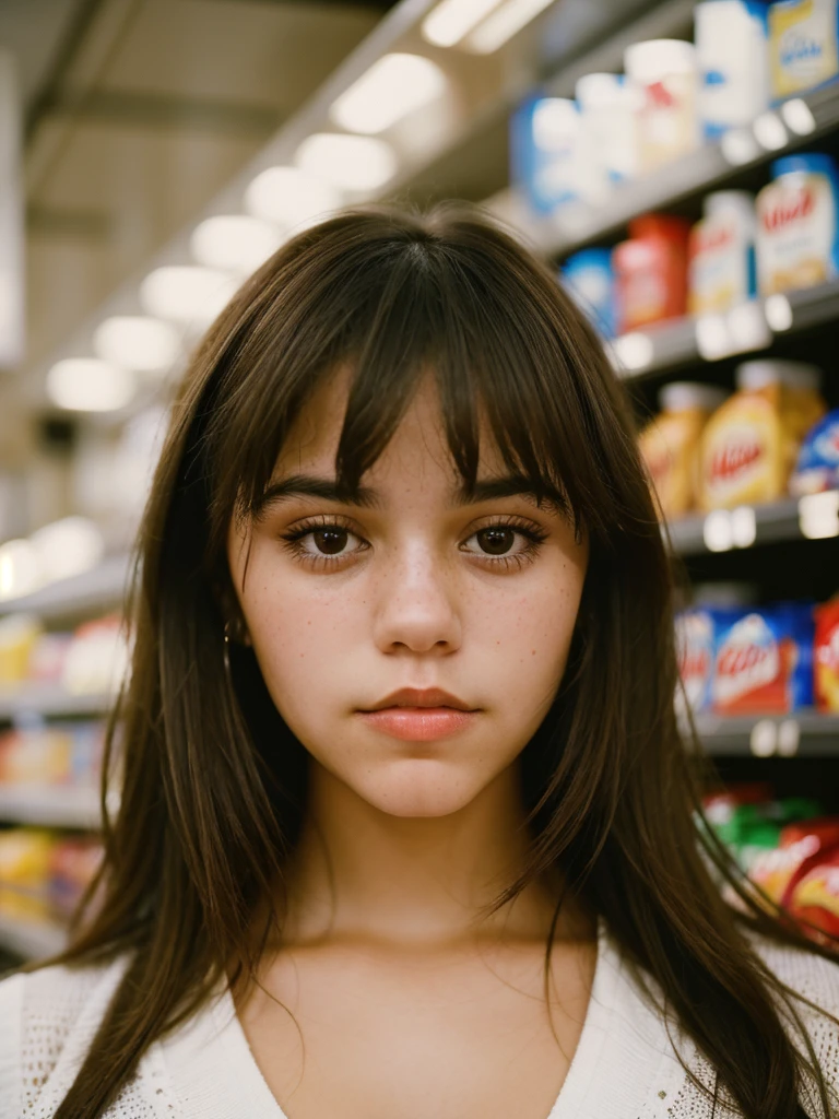 Close-up portrait photo of a young brunette woman taken at a convenience store during the night, low quality image, exhibiting a grainy texture, jpg artifacts, film grain, gritty, raw aesthetic