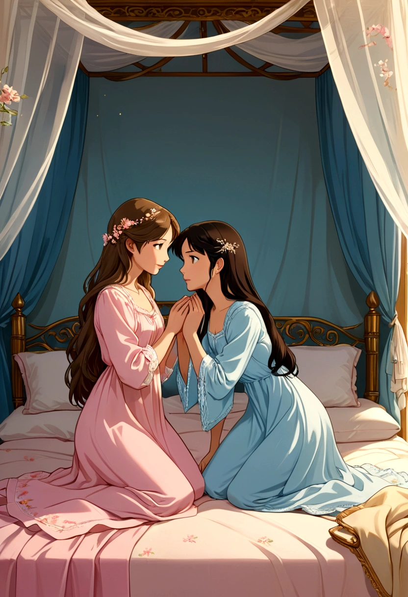 Name "The Loyal Pin" in a beautiful and delicate metallic gold font, written in 3D and Create an idyllic and tender anime-style image of two young women looking at each other with a lot of love and tenderness, kneeling in the middle of an elegant bed with canopy. One is a beautiful, shy and delicate Asian woman (Sarocha Chankimha) with long dark hair, she is dressed in a pastel pink nightgown and holds a delicate embroidered handkerchief in her hand. Kneeling in front of her is a beautiful young woman. British features (Rebecca Armstrong) with semi-long straight light brown hair, who is dressed in a pastel light blue nightgown that she gently tries to remove the handkerchief from. There is complicity and tenderness between them.
The room is of exquisite elegance and luxury illuminated by the subtle light of candles.